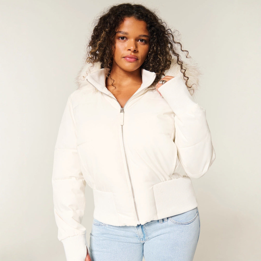Women's Quilted Puffer Jacket with Detachable Faux Fur Hood and Ribbed Cuffs