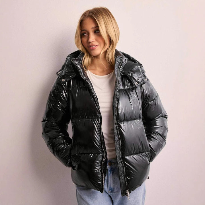 Women's Quilted Puffer Jacket with Detachable Hood and High Collar