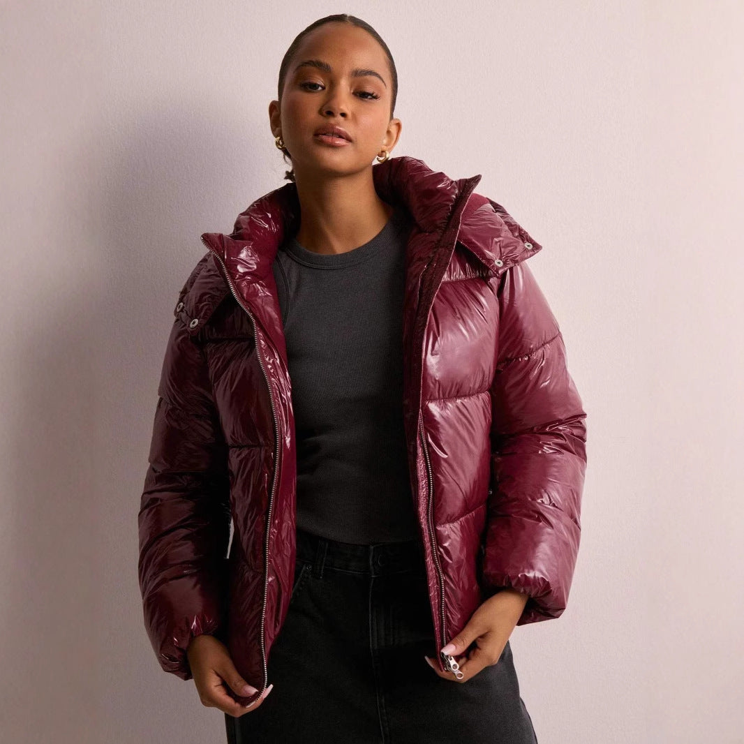 Women's Quilted Puffer Jacket with Detachable Hood and High Collar