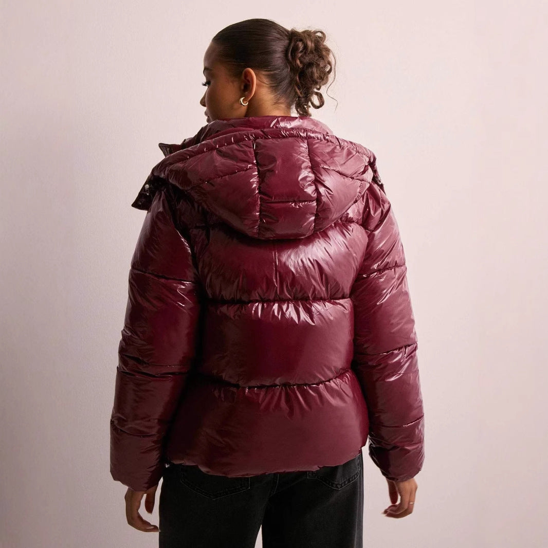 Women's Quilted Puffer Jacket with Detachable Hood and High Collar