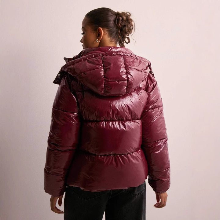 Women's Quilted Puffer Jacket with Detachable Hood and High Collar