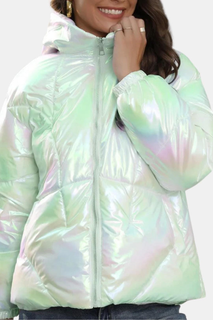 Women's Quilted Puffer Jacket with High Collar and Full Zip-Front Closure