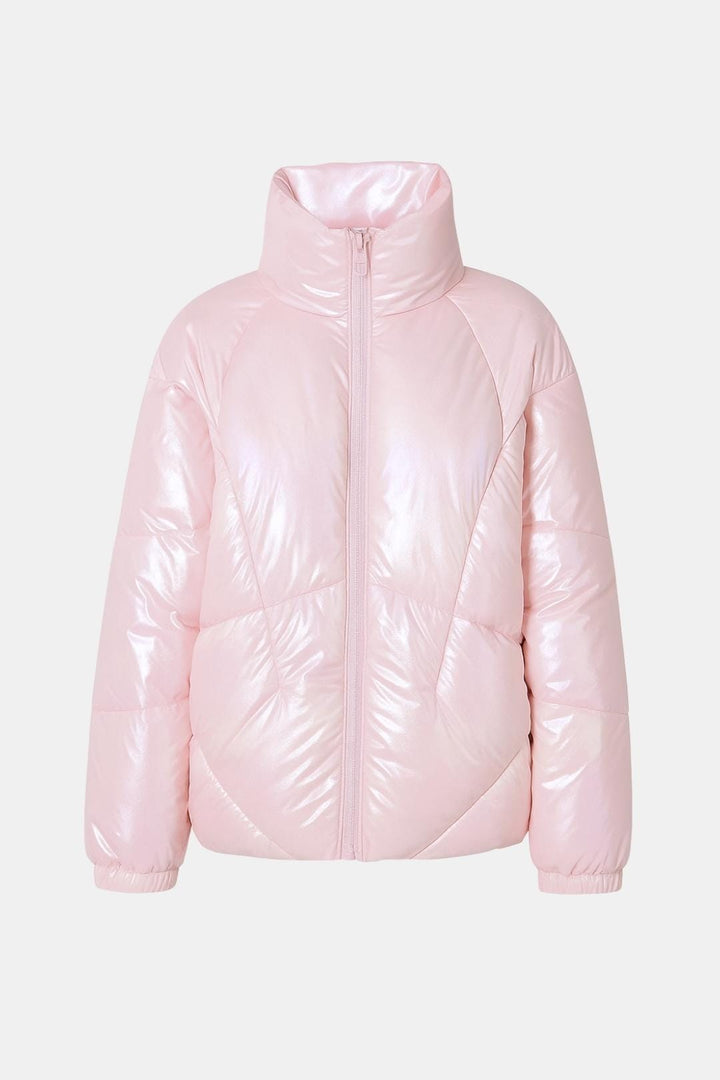 Women's Quilted Puffer Jacket with High Collar and Full Zip-Front Closure