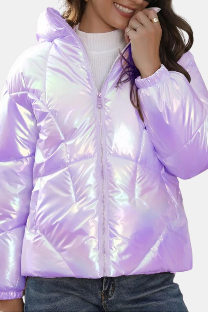 Women's Quilted Puffer Jacket with High Collar and Full Zip-Front Closure