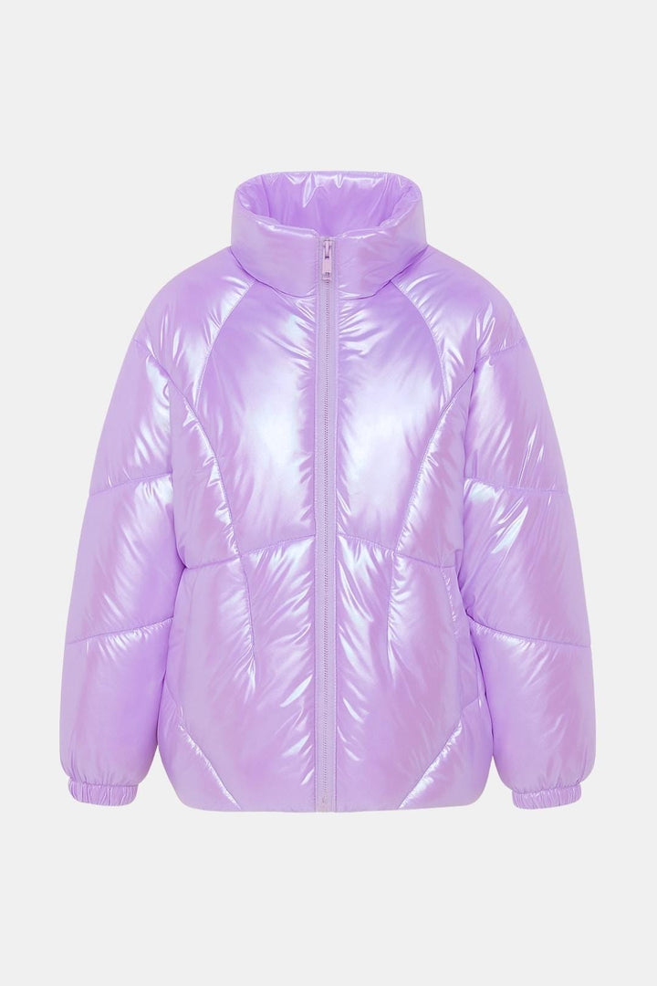 Women's Quilted Puffer Jacket with High Collar and Full Zip-Front Closure