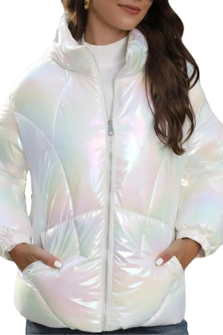 Women's Quilted Puffer Jacket with High Collar and Full Zip-Front Closure