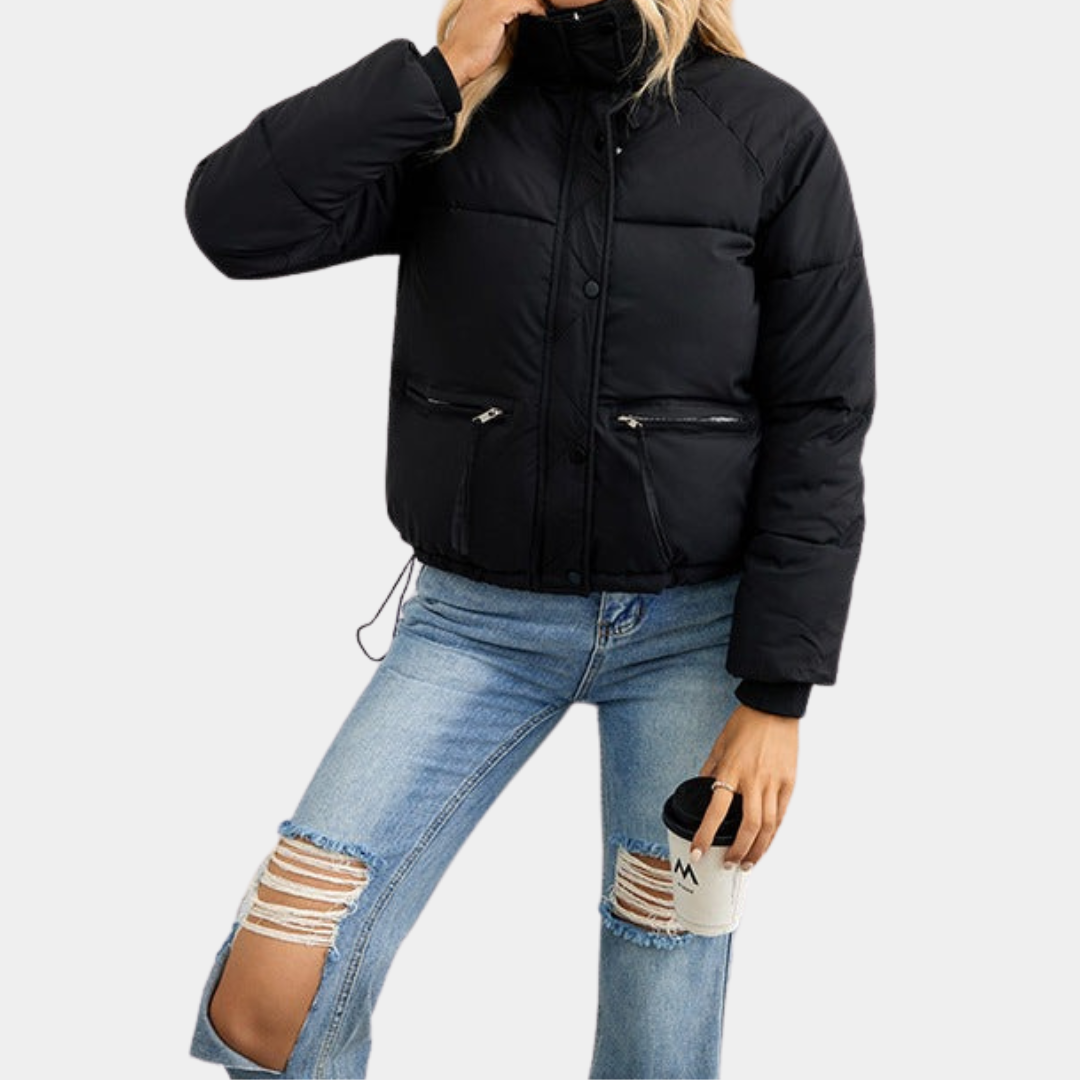 Women's Quilted Puffer Jacket with High Collar and Zip-Front Closure
