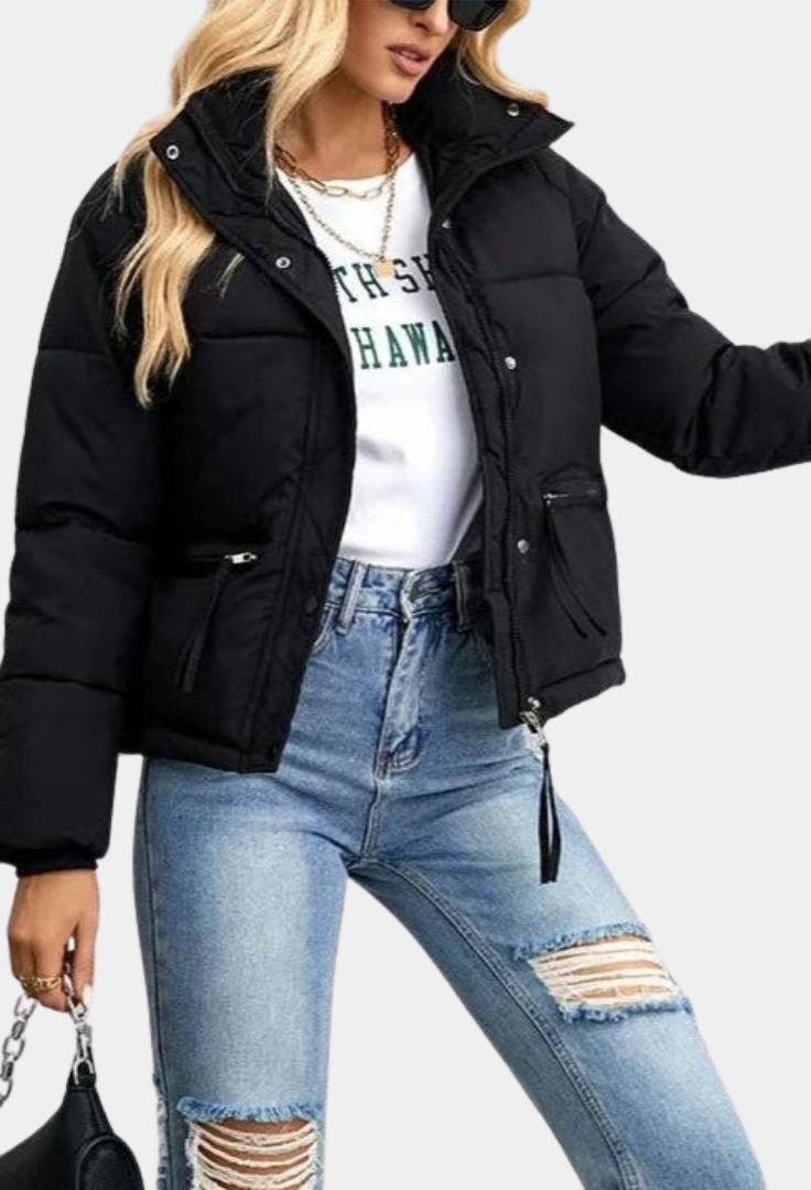 Women's Quilted Puffer Jacket with High Collar and Zip-Front Closure