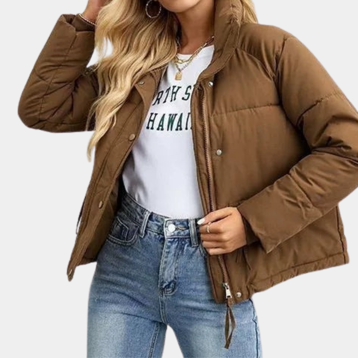 Women's Quilted Puffer Jacket with High Collar and Zip-Front Closure