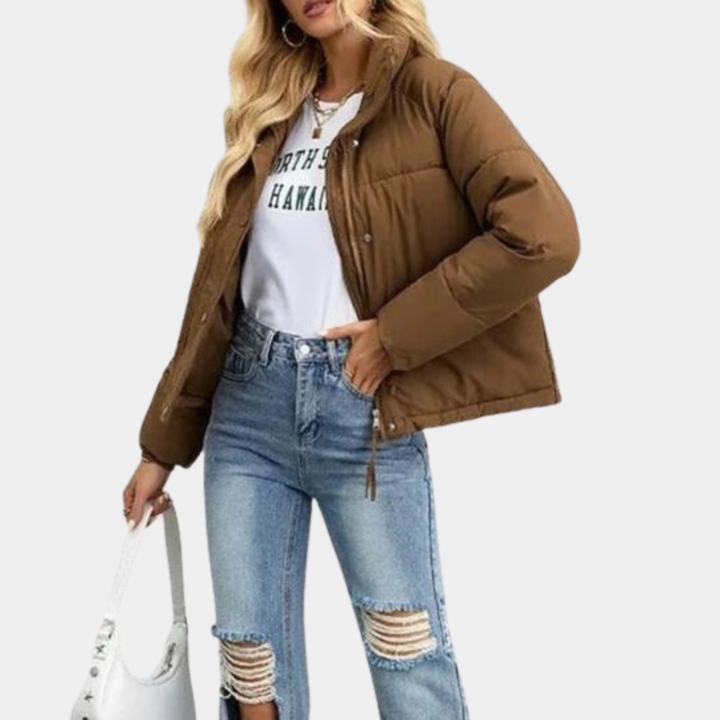 Women's Quilted Puffer Jacket with High Collar and Zip-Front Closure