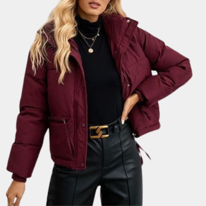 Women's Quilted Puffer Jacket with High Collar and Zip-Front Closure