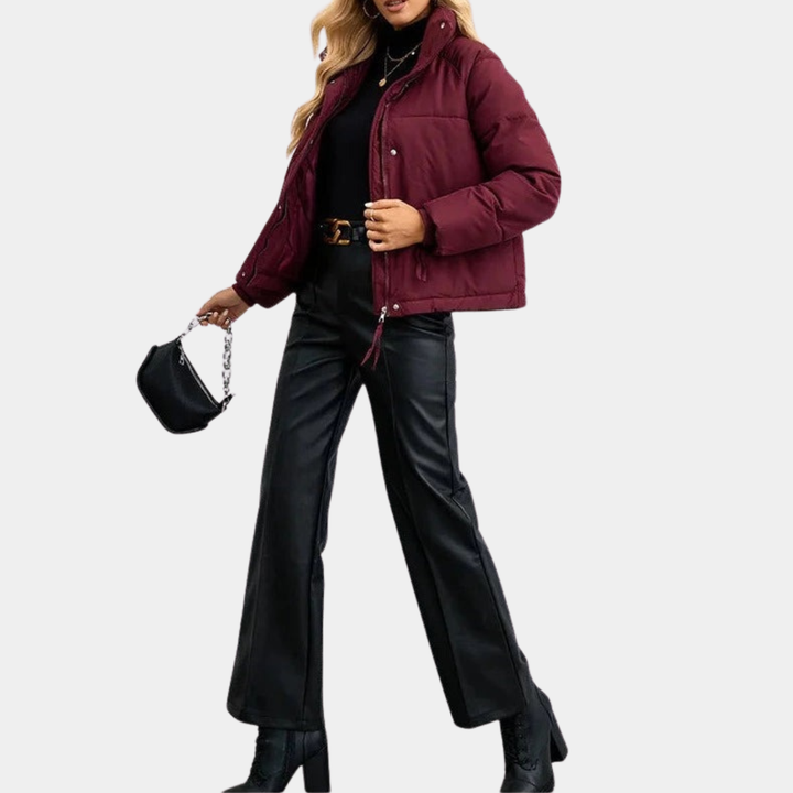 Women's Quilted Puffer Jacket with High Collar and Zip-Front Closure