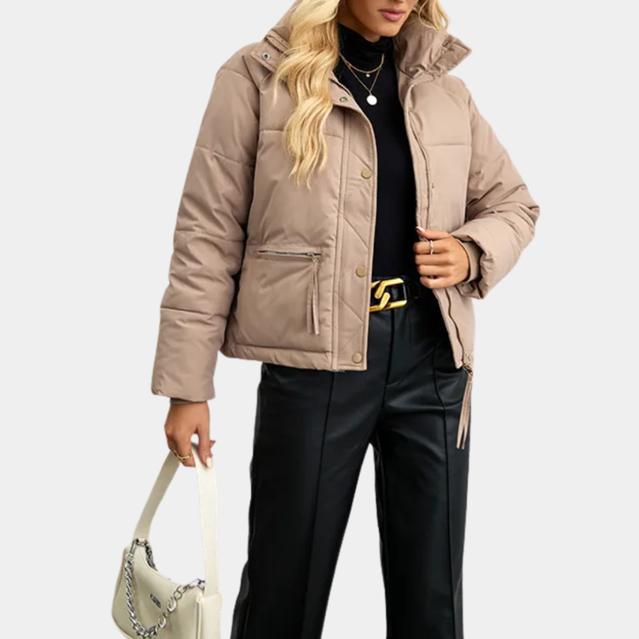 Women's Quilted Puffer Jacket with High Collar and Zip-Front Closure