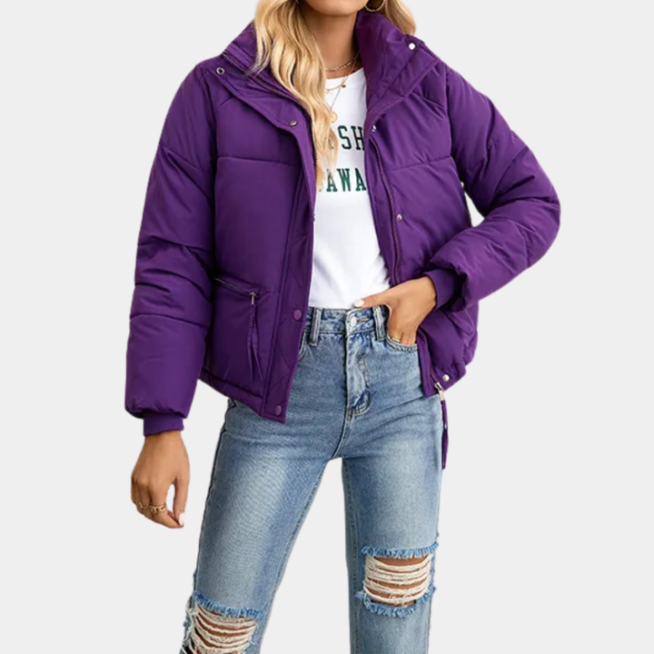 Women's Quilted Puffer Jacket with High Collar and Zip-Front Closure
