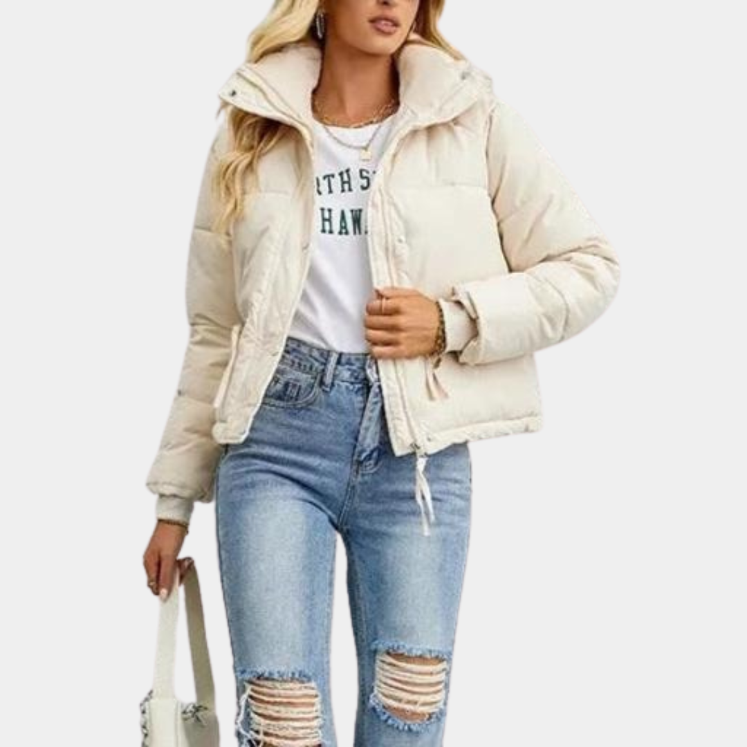 Women's Quilted Puffer Jacket with High Collar and Zip-Front Closure