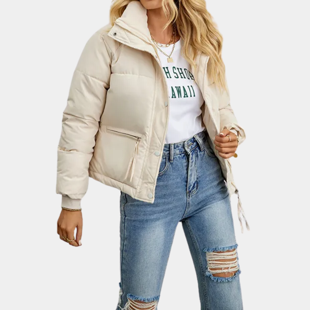 Women's Quilted Puffer Jacket with High Collar and Zip-Front Closure