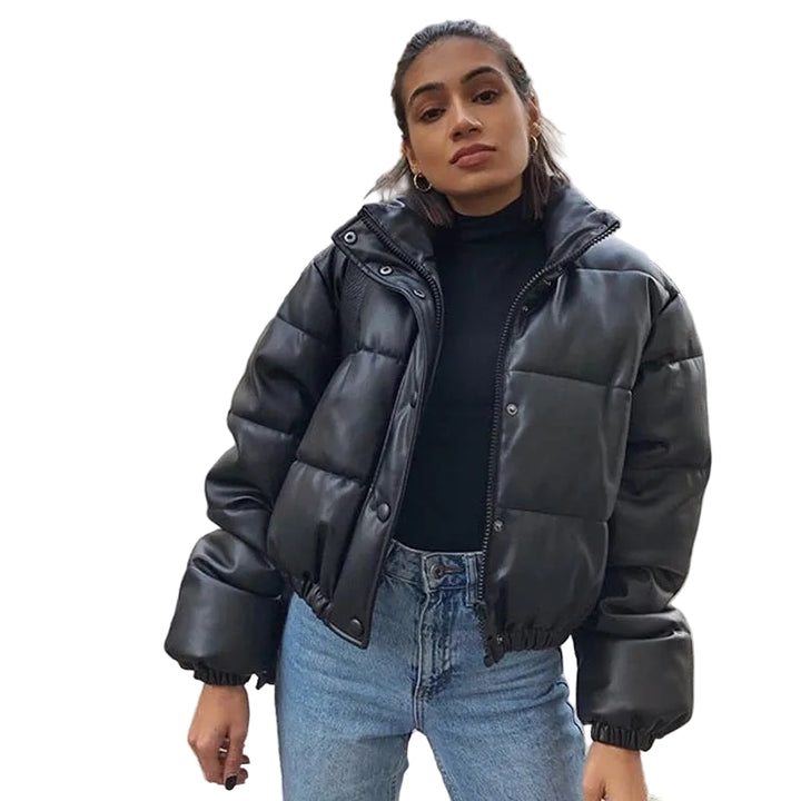 Women's Quilted Winter Jacket with Stand-Up Collar and Zip Closure