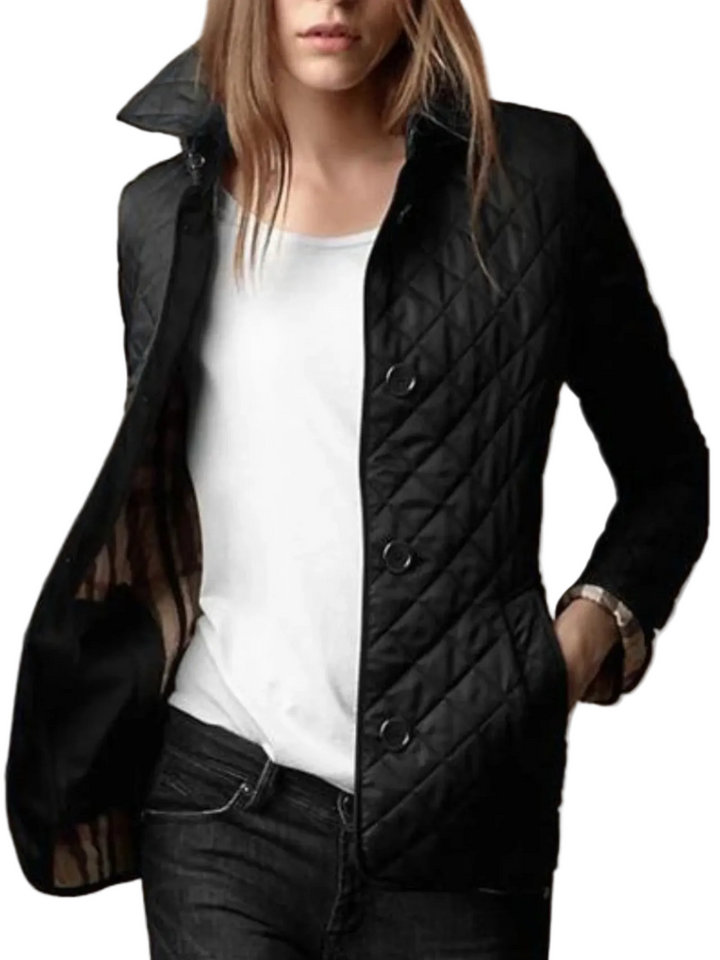 Women's Quilted Zip-Front Jacket with Fold-Down Collar and Side Pockets