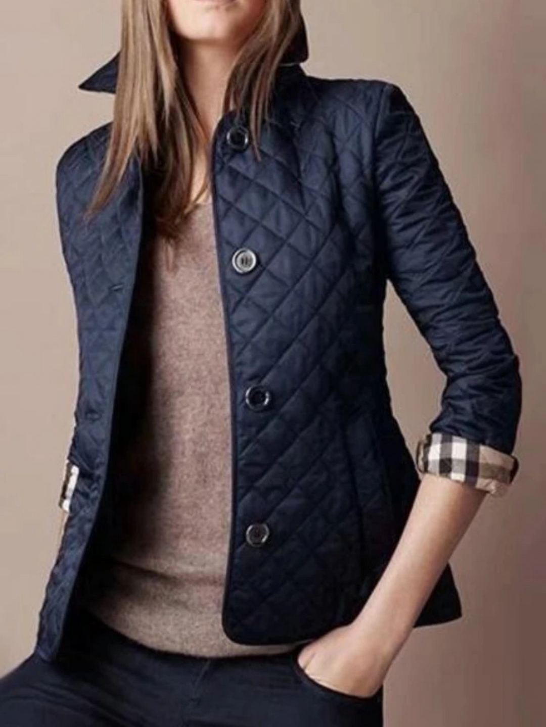 Women's Quilted Zip-Front Jacket with Fold-Down Collar and Side Pockets