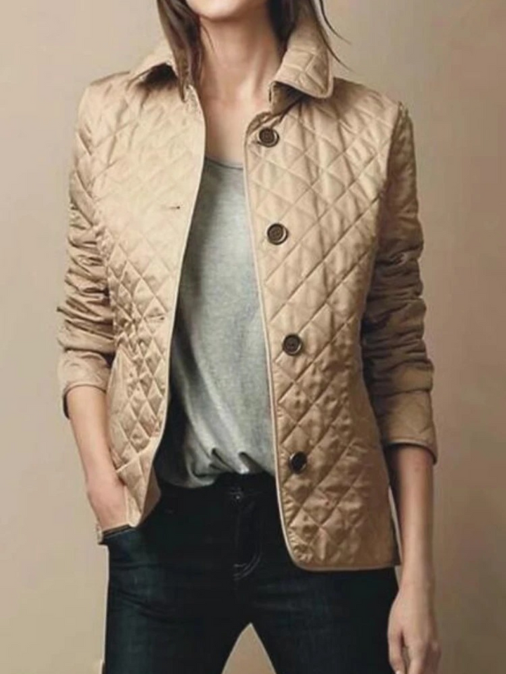 Women's Quilted Zip-Front Jacket with Fold-Down Collar and Side Pockets