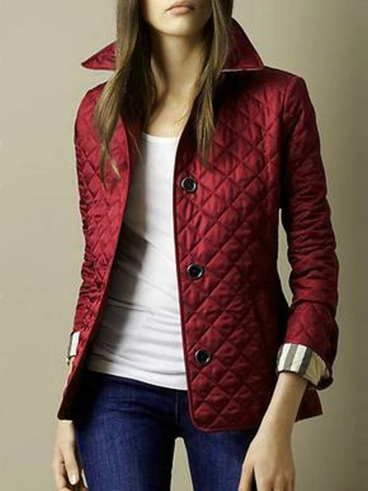 Women's Quilted Zip-Front Jacket with Fold-Down Collar and Side Pockets