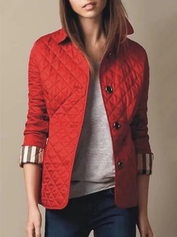 Women's Quilted Zip-Front Jacket with Fold-Down Collar and Side Pockets