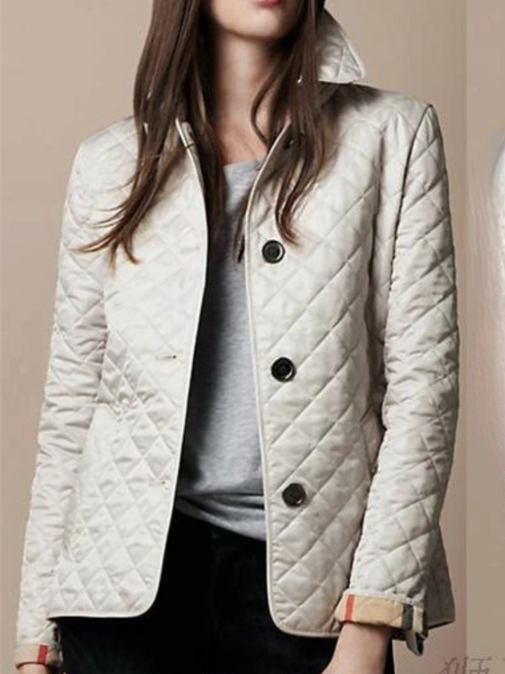 Women's Quilted Zip-Front Jacket with Fold-Down Collar and Side Pockets