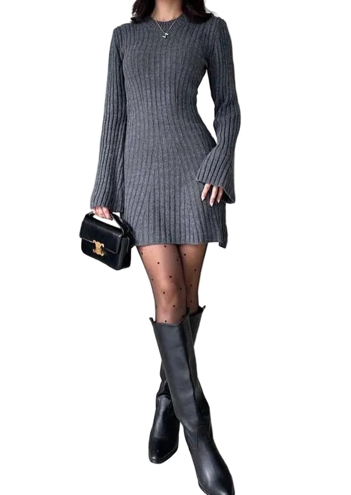 Women's Ribbed Knit Dress with Round Neckline and Flared Cuffs