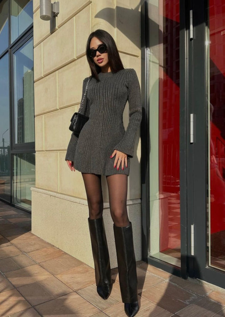 Women's Ribbed Knit Dress with Round Neckline and Flared Cuffs