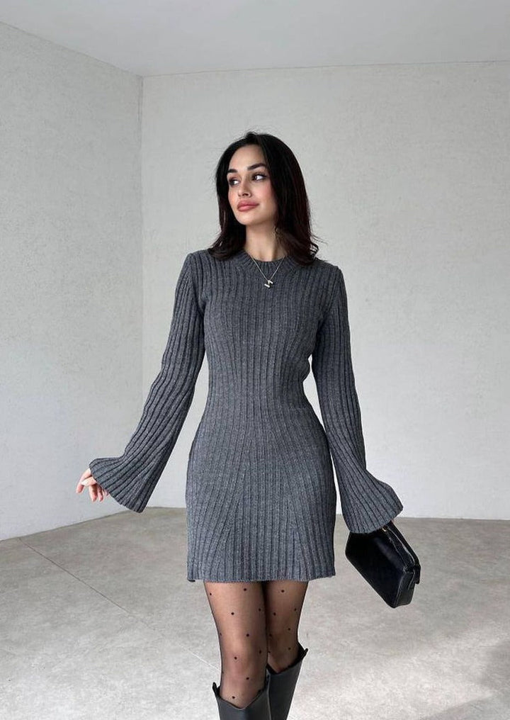 Women's Ribbed Knit Dress with Round Neckline and Flared Cuffs