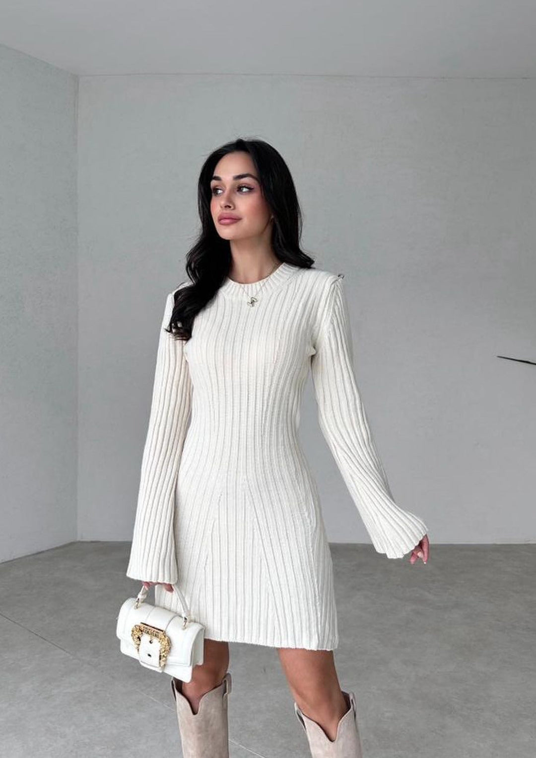 Women's Ribbed Knit Dress with Round Neckline and Flared Cuffs