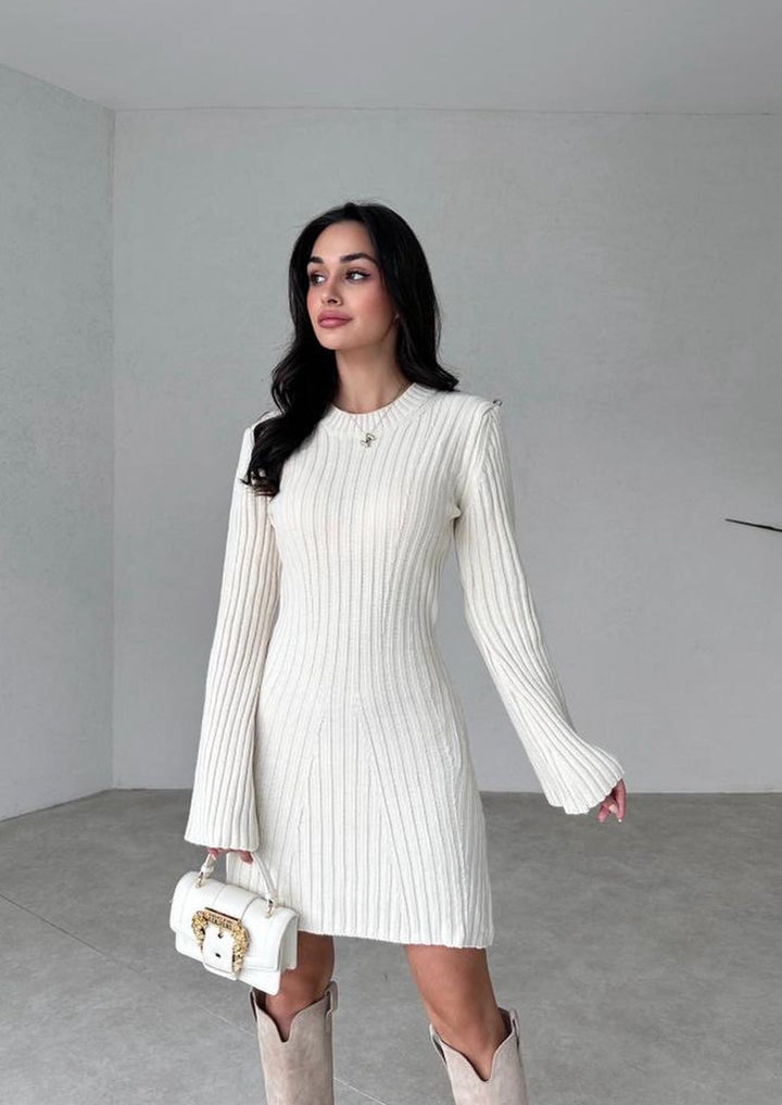 Women's Ribbed Knit Dress with Round Neckline and Flared Cuffs