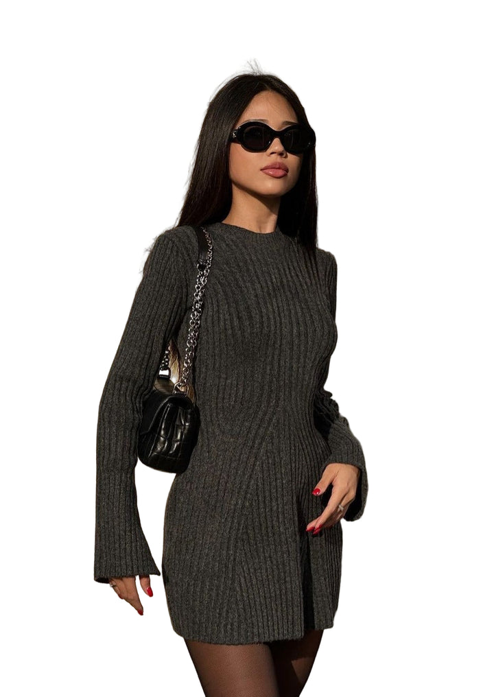 Women's Ribbed Long Sleeve Dress with Crew Neckline