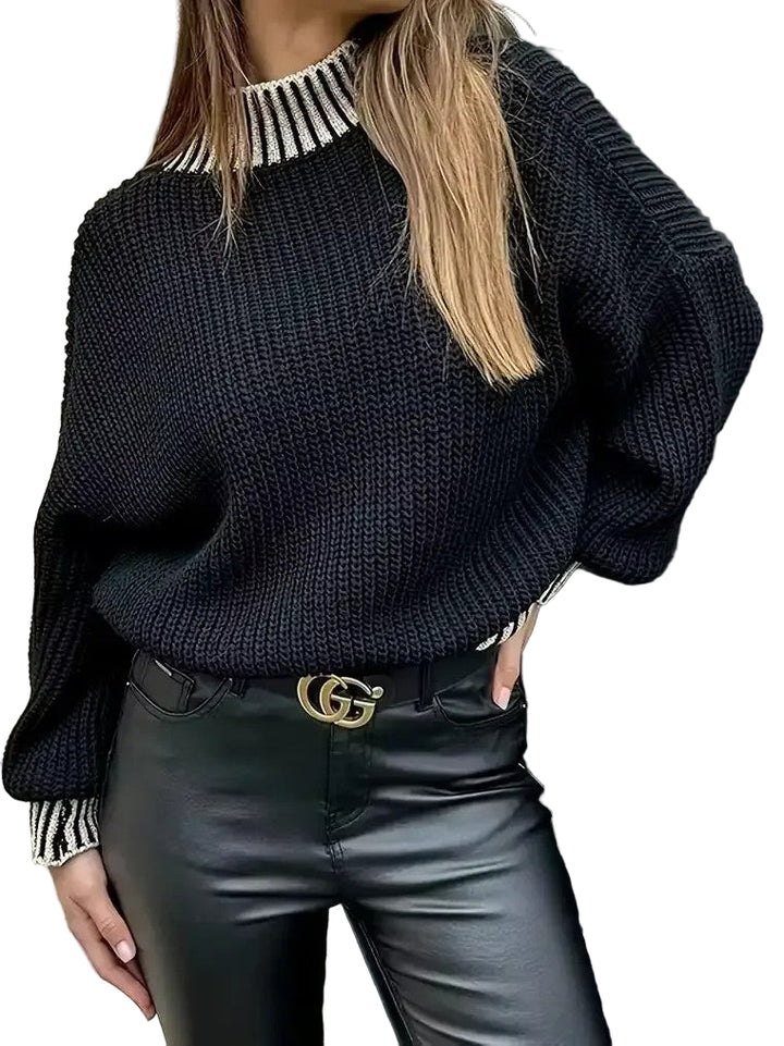 Women's Ribbed Mock Neck Sweater with Contrast Striped Trim