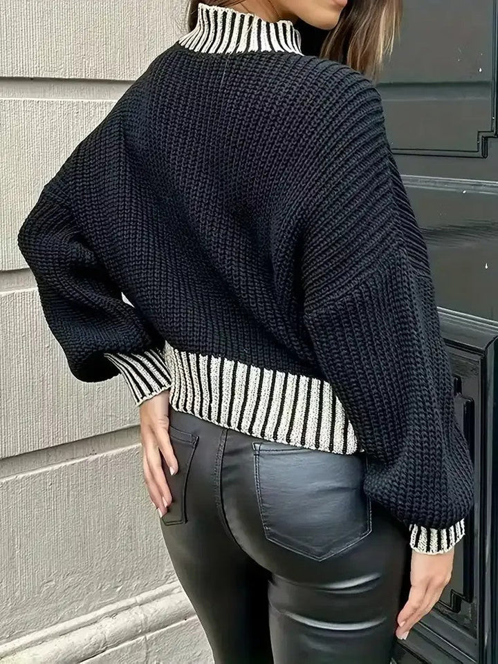 Women's Ribbed Mock Neck Sweater with Contrast Striped Trim