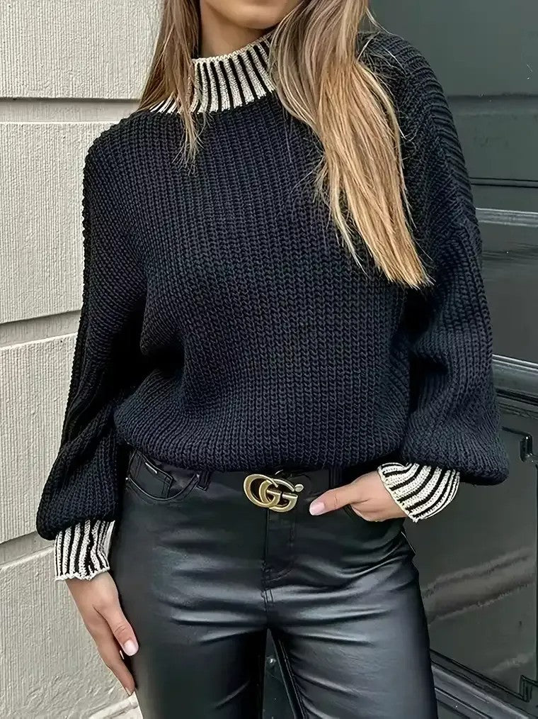 Women's Ribbed Mock Neck Sweater with Contrast Striped Trim