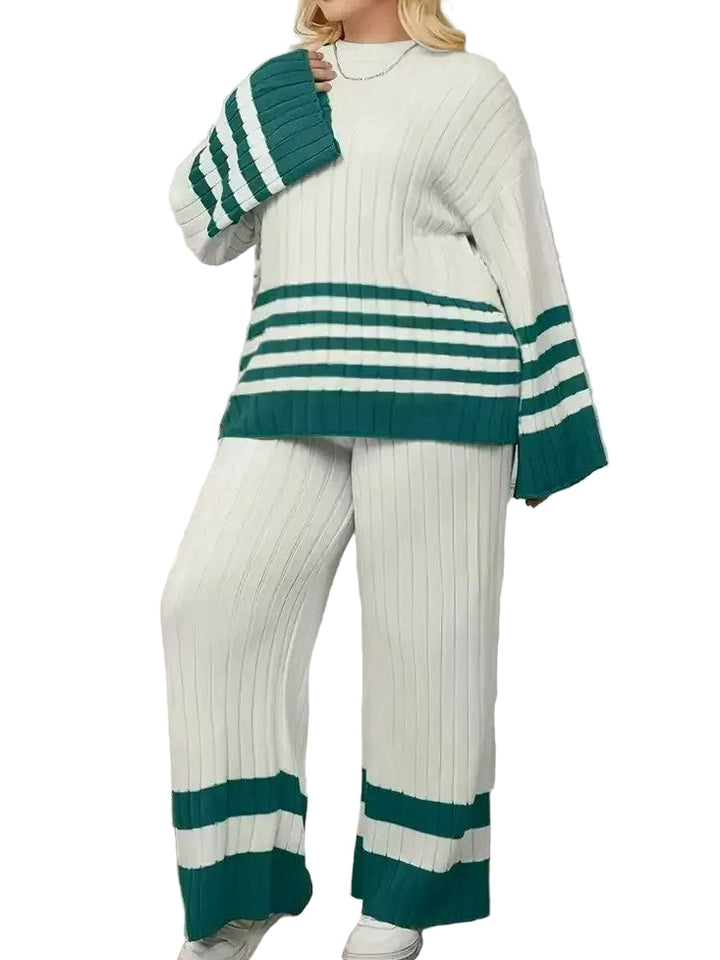 Women's Ribbed Sweater and Wide Leg Pants Set with Stripe Detail