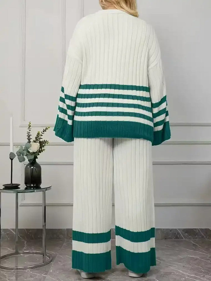 Women's Ribbed Sweater and Wide Leg Pants Set with Stripe Detail