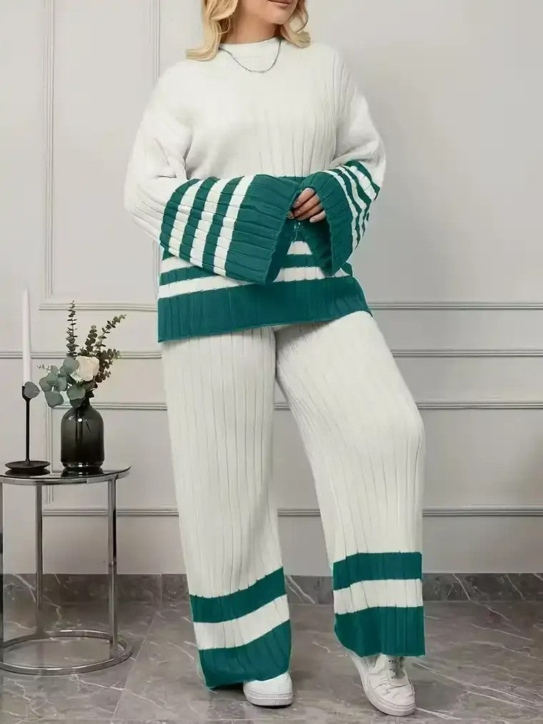 Women's Ribbed Sweater and Wide Leg Pants Set with Stripe Detail