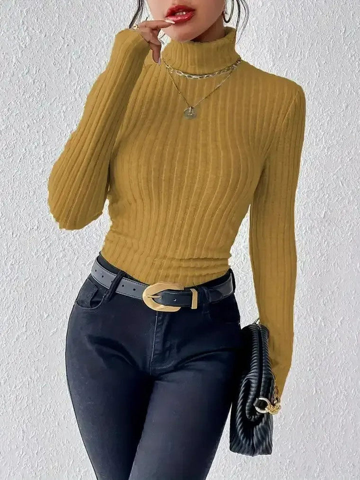 Women's Ribbed Turtleneck Sweater with Long Sleeves