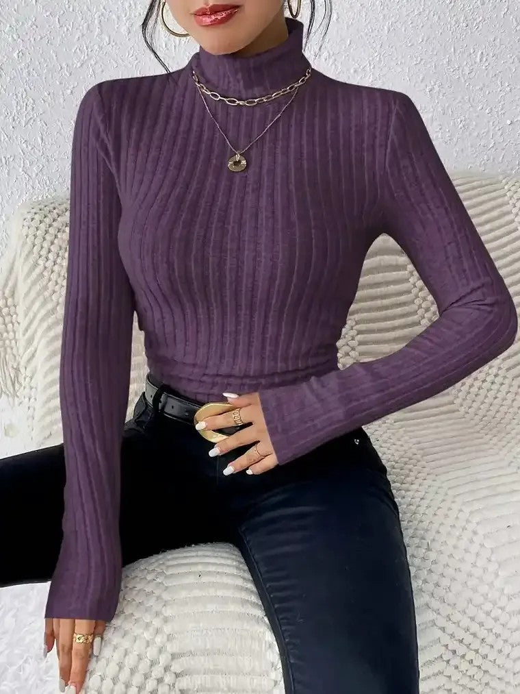 Women's Ribbed Turtleneck Sweater with Long Sleeves