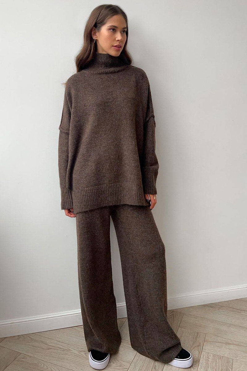 Women's Roll Neck Jumper and Wide-Leg Trouser Set with Long Sleeves