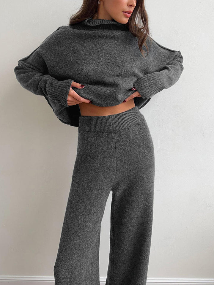 Women's Roll Neck Jumper and Wide-Leg Trouser Set with Long Sleeves
