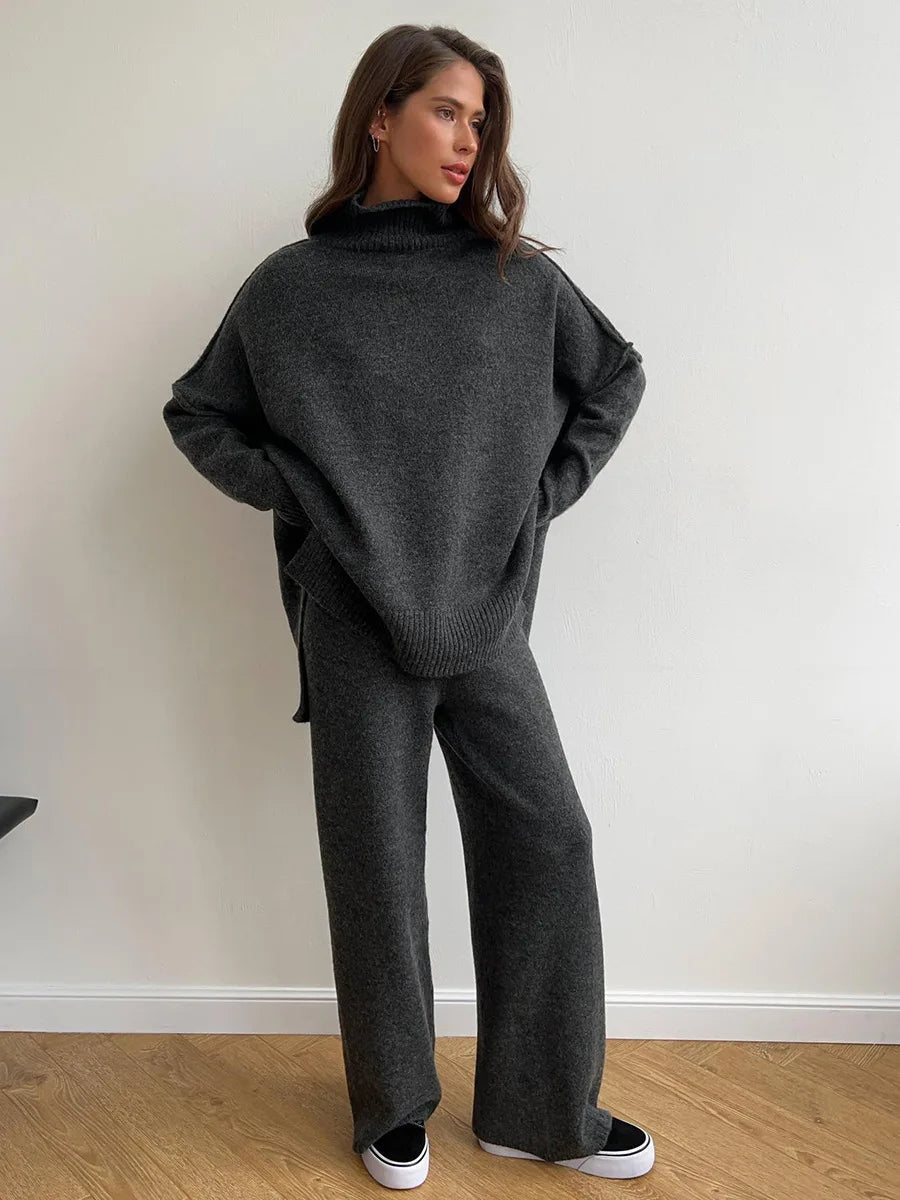 Women's Roll Neck Jumper and Wide-Leg Trouser Set with Long Sleeves