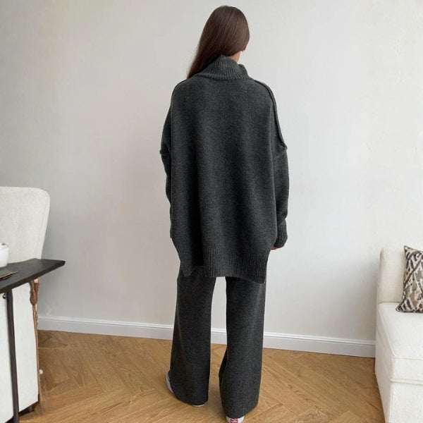 Women's Roll Neck Jumper and Wide-Leg Trouser Set with Long Sleeves