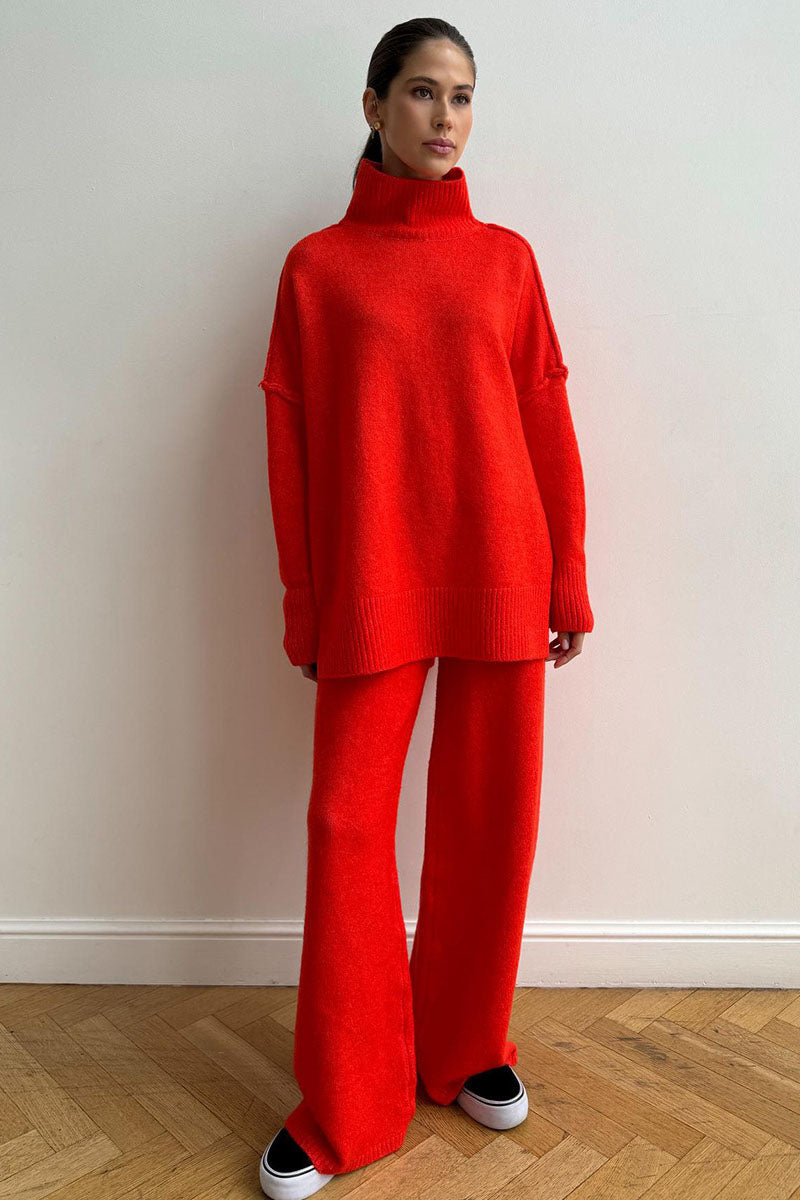 Women's Roll Neck Jumper and Wide-Leg Trouser Set with Long Sleeves