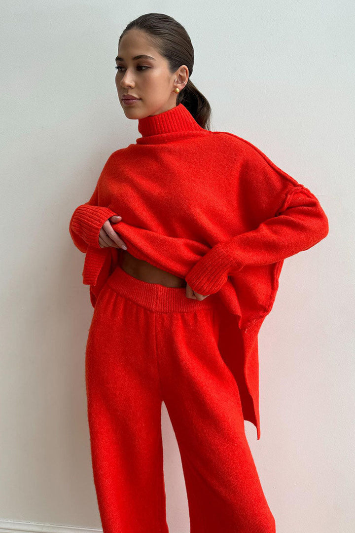 Women's Roll Neck Jumper and Wide-Leg Trouser Set with Long Sleeves