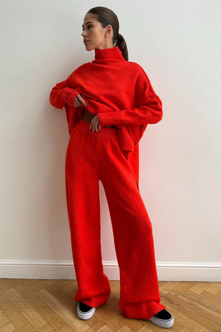 Women's Roll Neck Jumper and Wide-Leg Trouser Set with Long Sleeves