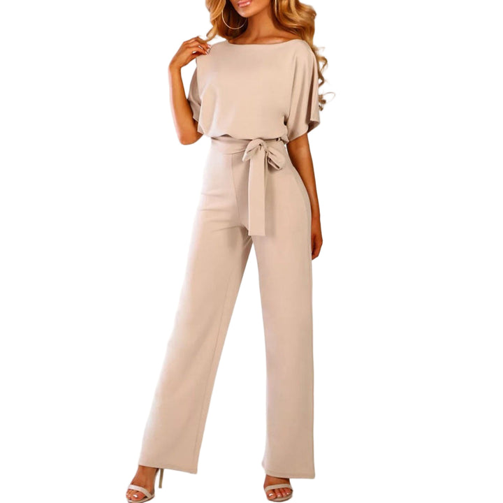 Women's Round Neckline Jumpsuit with Tie Waist and Wide Legs