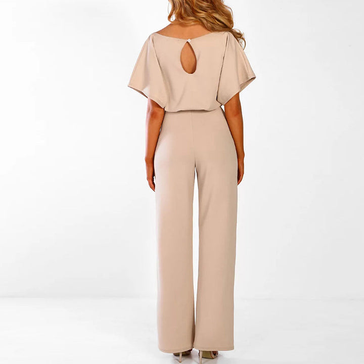 Women's Round Neckline Jumpsuit with Tie Waist and Wide Legs